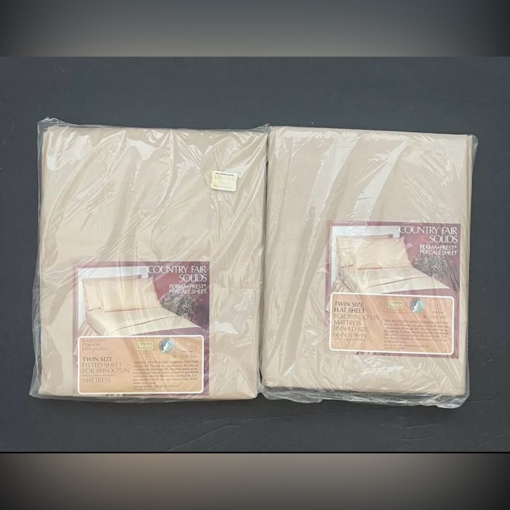 New VTG Sears  Perma Prest Percale Twin Flat & Fitted Sheets For 39”x75”